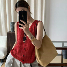 批发韩版V领糖果色无袖单排扣针织开衫女时尚百搭宽松显瘦打底衫上衣