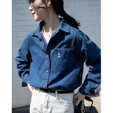 批发韩国代购口袋兔子刺绣牛仔POLO领长袖衬衫女秋<b class='q'>冬</b>时尚休闲宽松上衣