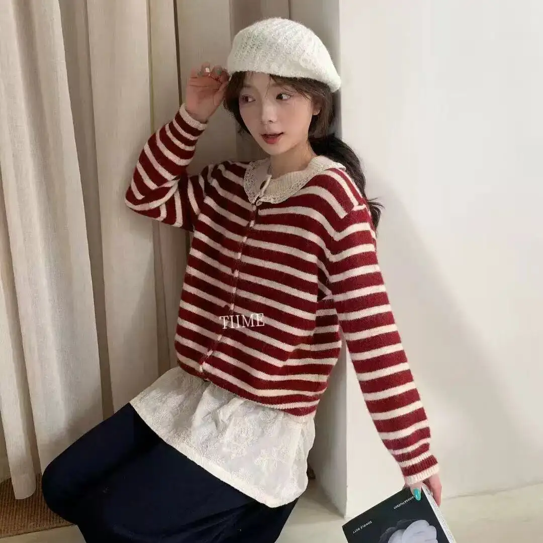 프레피 레이스 스트라이프 니트 가디건 상세 이미지 2