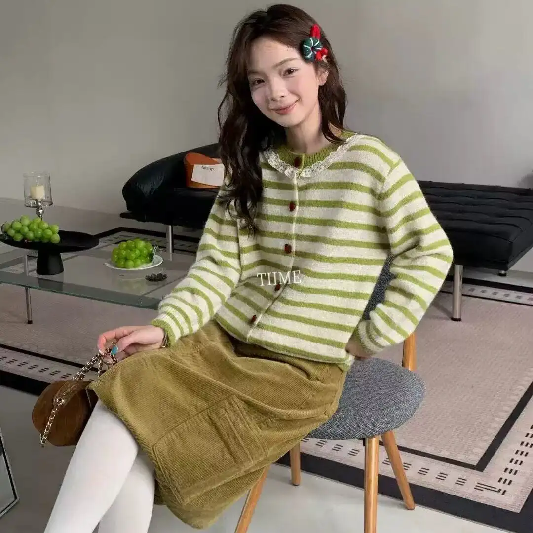 프레피 레이스 스트라이프 니트 가디건 상세 이미지 3