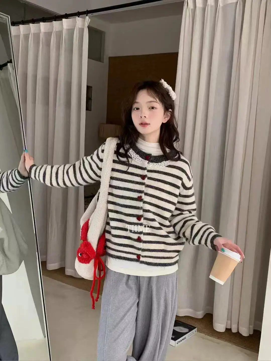 프레피 레이스 스트라이프 니트 가디건 상세 이미지 4