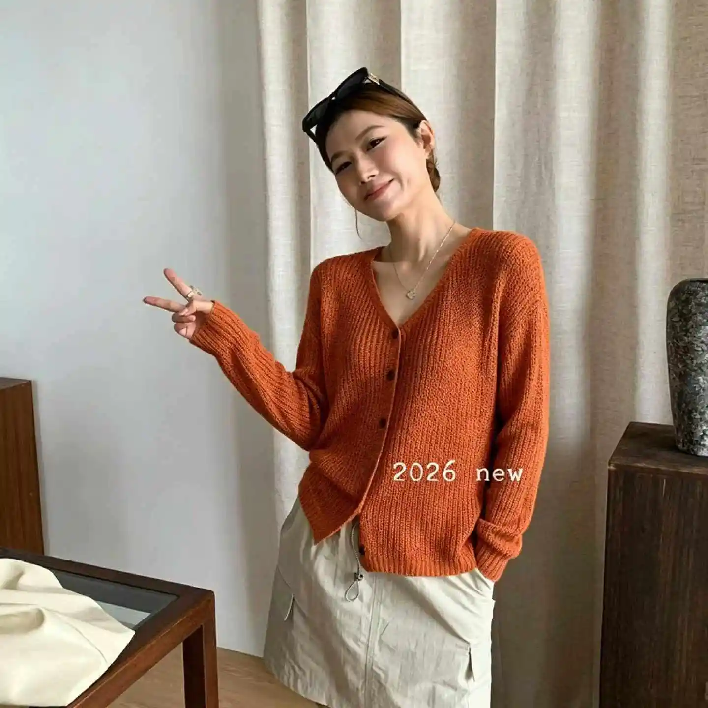 한국인기 V넥 캔디컬러 단추 가디건 상세 이미지 4