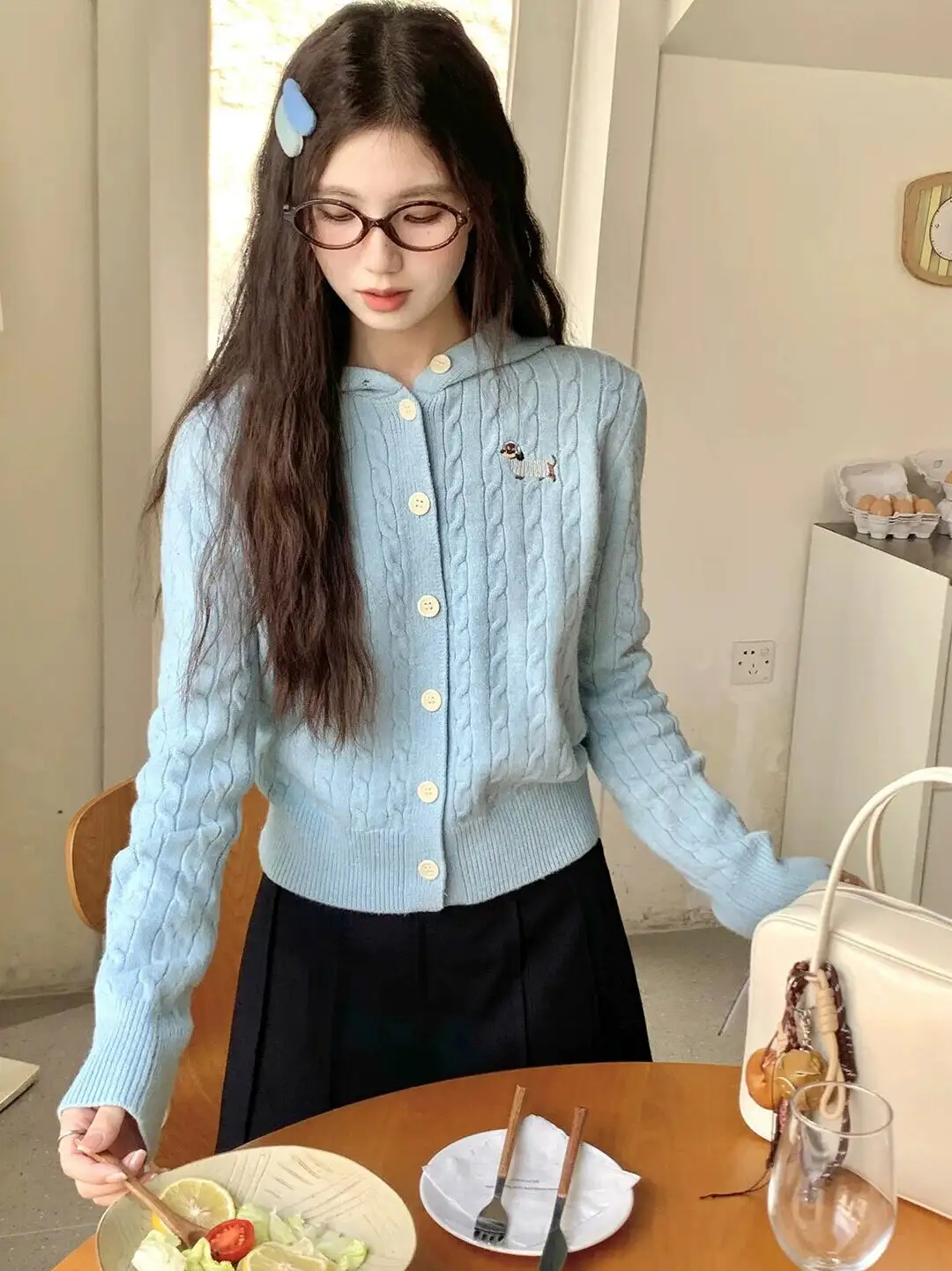 강아지 자수 후드 니트 가디건 상세 이미지 1