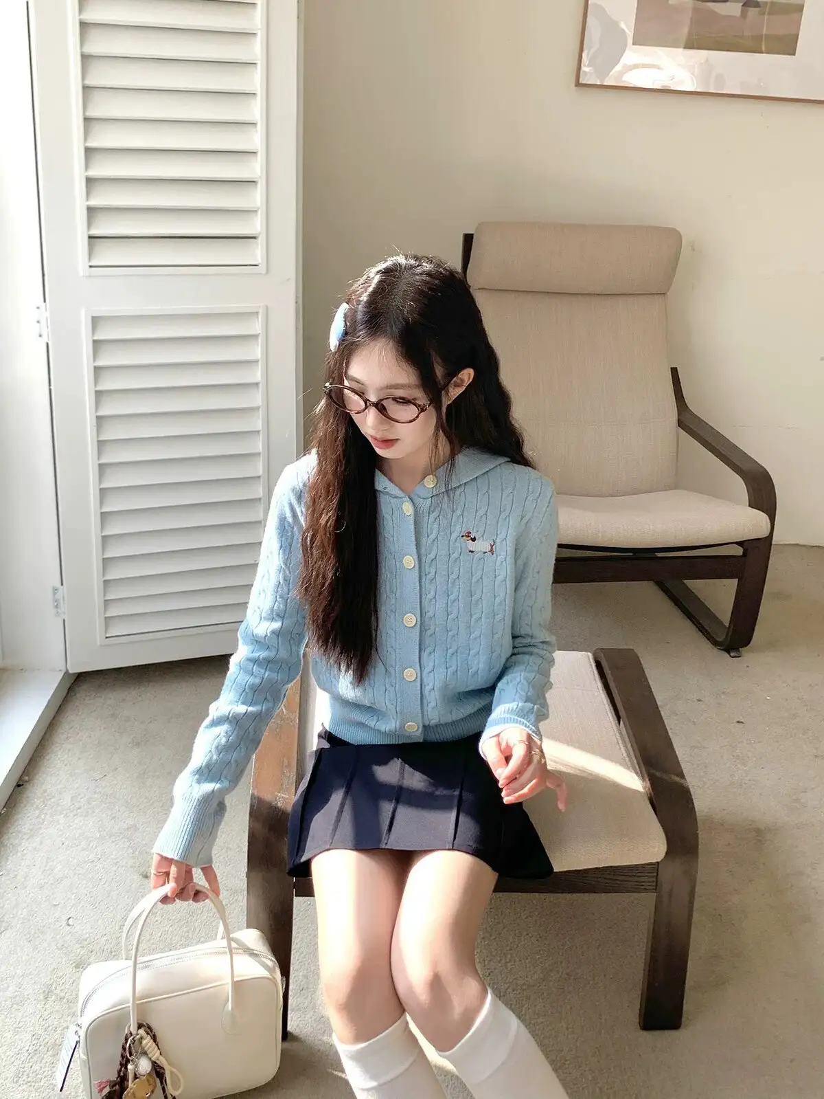 강아지 자수 후드 니트 가디건 상세 이미지 2