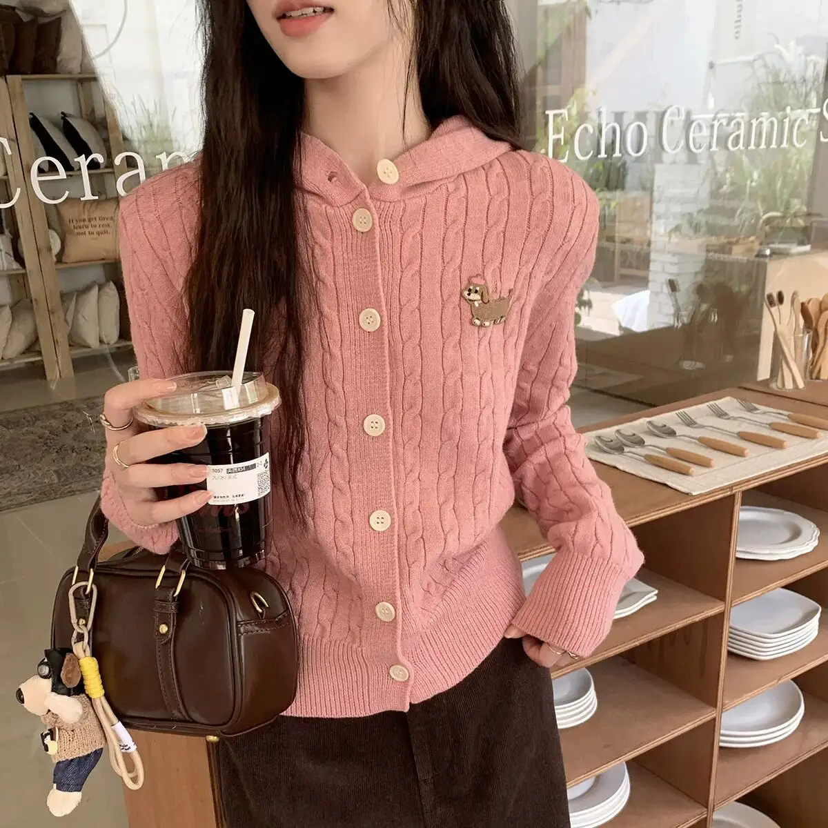 강아지 자수 후드 니트 가디건 상세 이미지 4