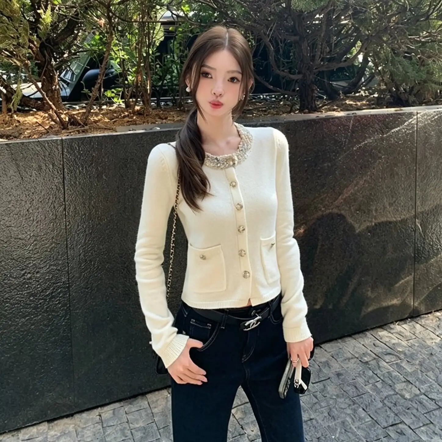 플라워 혼방 니트 가디건 상세 이미지 3