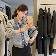 批发韩系复古<b class='q'>牛仔</b>拼接毛衣开衫女秋冬撞色设计感小众针织衬衫长袖上衣