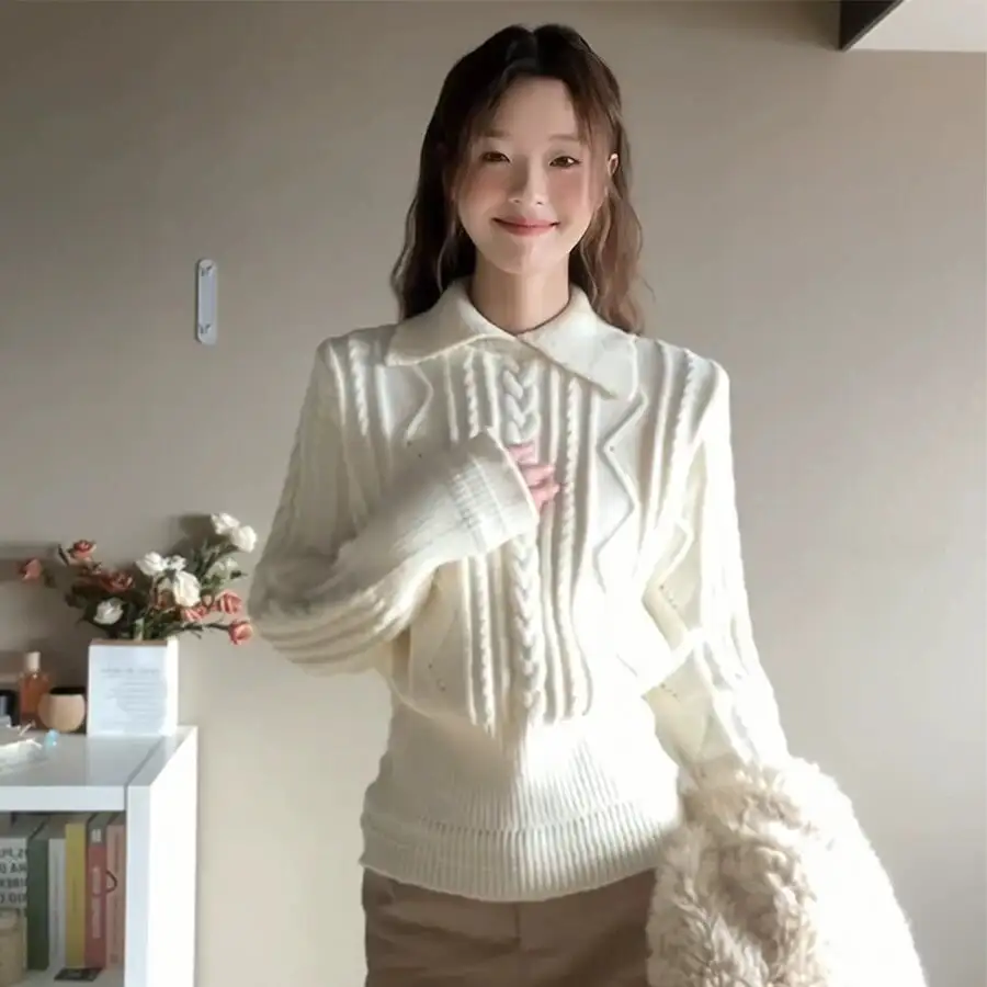 폴드 칼라 꽈배기 니트 상세 이미지 2