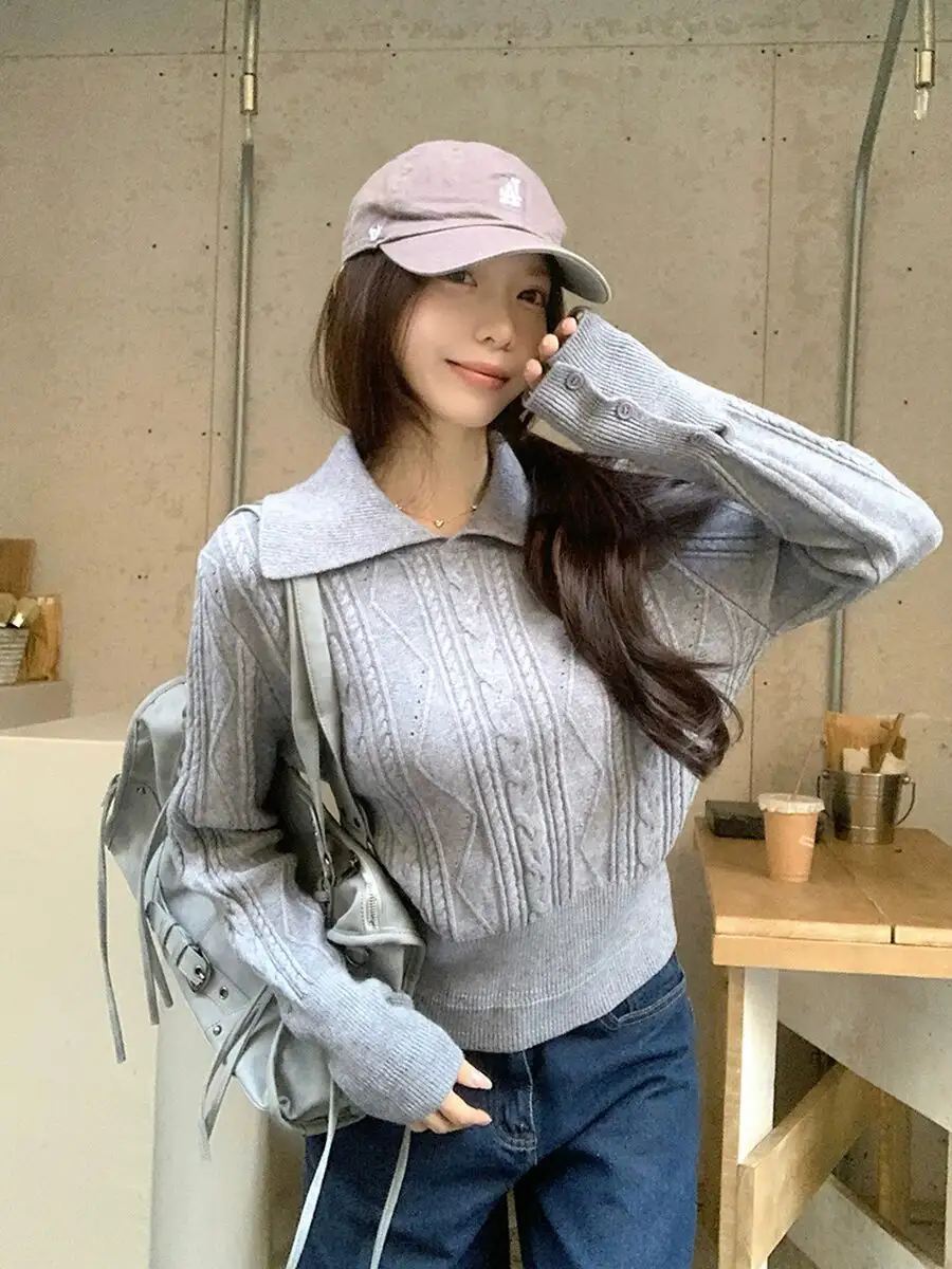 폴드 칼라 꽈배기 니트 상세 이미지 6
