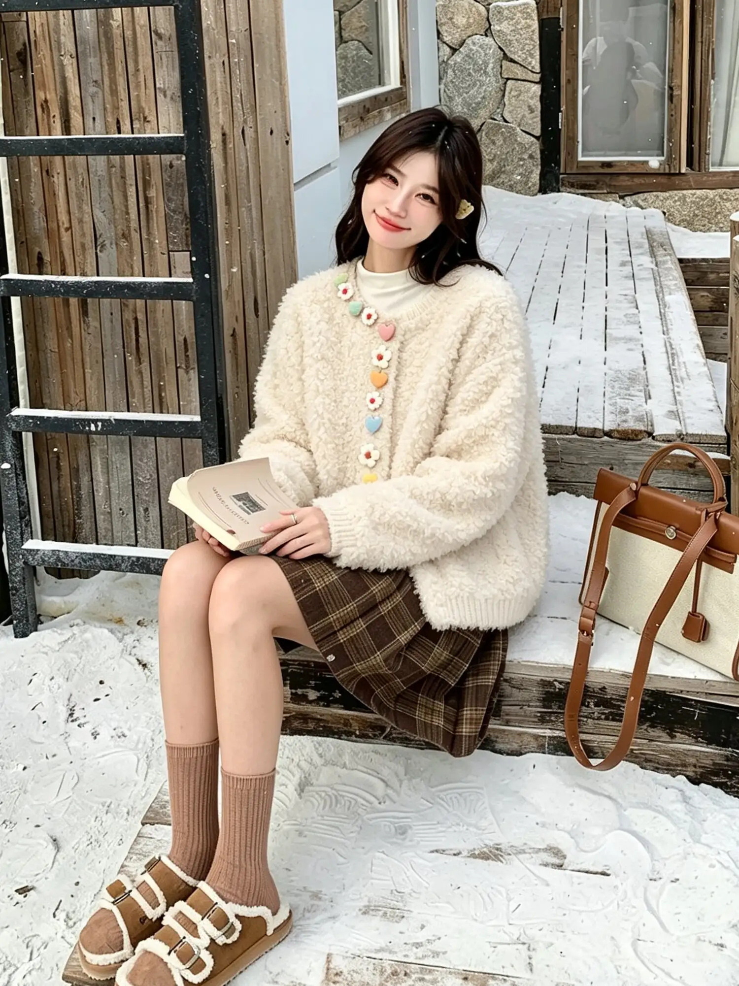 샤넬풍 플라워 버튼 플리스 가디건 (3color) 상세 이미지 2