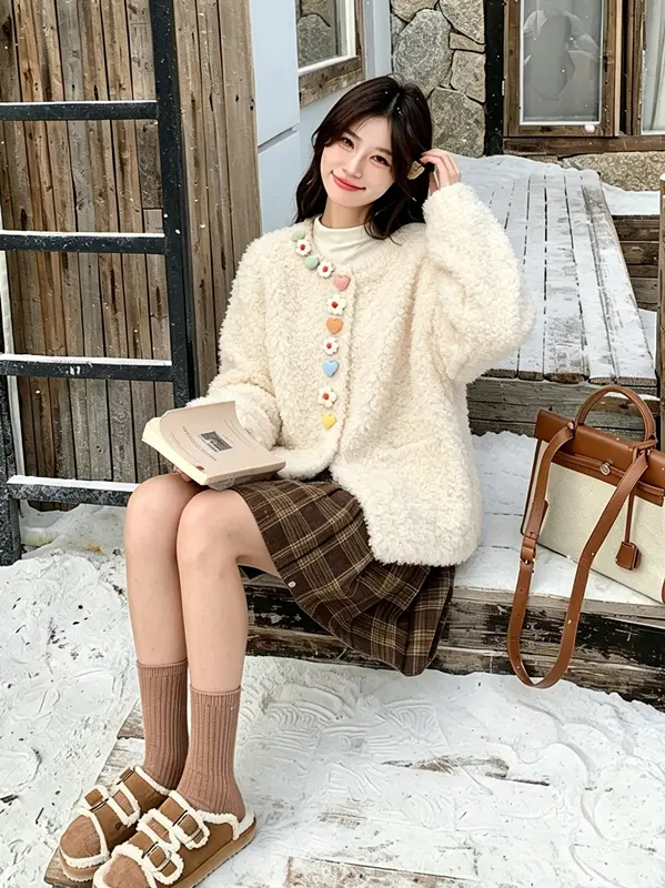 샤넬풍 플라워 버튼 플리스 가디건 (3color)