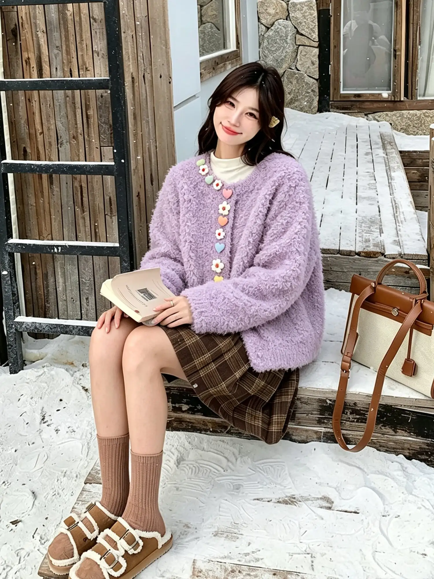 샤넬풍 플라워 버튼 플리스 가디건 (3color) 상세 이미지 4