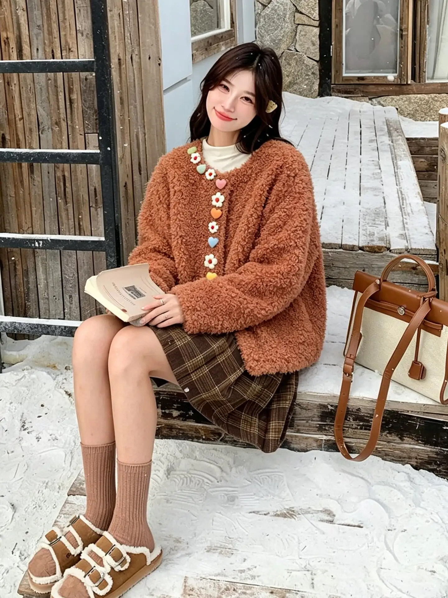 샤넬풍 플라워 버튼 플리스 가디건 (3color) 상세 이미지 6