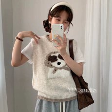 批发童趣小狗提花针织马甲女 圆领撞色罗纹下摆肌理 秋冬叠穿无袖背心