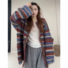 批发慵懒风彩色<b class='q'>条纹</b>中长款毛衣外套女秋冬韩系高级感加厚<b class='q'>针织衫</b>上衣