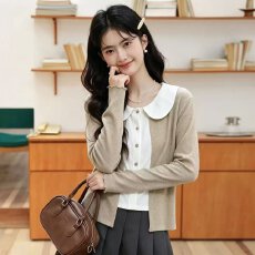 批发韩国chic<b class='q'>甜美</b>风娃娃领衬衣拼接长袖针织衫假两件秋冬显瘦减龄上衣