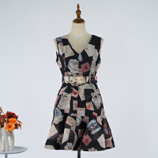 批发实拍新款轻奢高定2025秋季V领无袖马甲口袋印花荷叶边迷你连衣裙