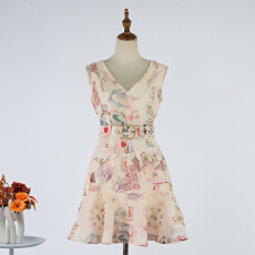 批发实拍新款轻奢高定2025秋季V领无袖马甲口袋印花荷叶边迷你连衣裙