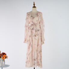 批发实拍新款轻奢小众设计感重工印花碎花边长袖圆领气质<b class='q'>真丝</b>连衣长<b class='q'>裙</b>