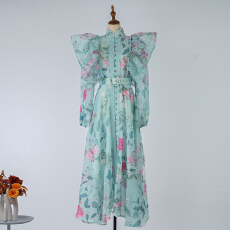 实拍新款碎花荷叶边长裙25秋季复古田园风收腰排扣连衣裙不规则裙