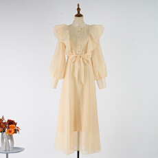 批发实拍新款法式小众轻奢波点<b class='q'>连衣裙</b>女领复古裙子长袖收腰长裙款
