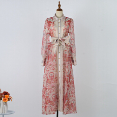 批发实拍印花排扣长款连衣裙长裙