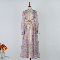 批发实拍印花排扣长款连衣裙长裙