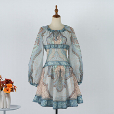 批发实拍2026度假泳衣新款织锦花纹蓝色迷你连衣裙