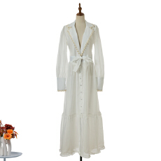 批发实拍新款复古<b class='q'>宫廷</b>风修身长裙V领耸肩印花系带收腰<b class='q'>连衣裙</b>长袖5 色