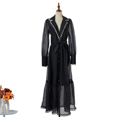 批发实拍新款复古<b class='q'>宫廷</b>风修身长裙V领耸肩印花系带收腰<b class='q'>连衣裙</b>长袖5 色