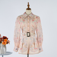 批发实拍新款欧美风修身显瘦钉珠翻领长袖印花衬衣 <b class='q'>短</b>裤优雅名媛套装