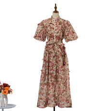 批发实拍新品<b class='q'>宫廷</b>风走秀设计重工立体花朵泡泡袖<b class='q'>连衣裙</b>+印花吊带5色