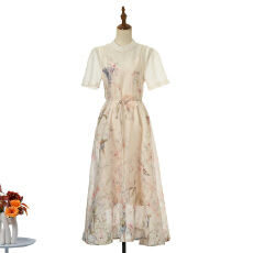 批发实拍澳洲小众重工钉钻花边短袖宽松<b class='q'>亚麻</b><b class='q'>连衣裙</b>2 件套 5色