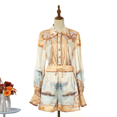 批发实拍高级感轻奢气质新款春<b class='q'>夏</b>航海图印花衬衫+短裤缎面套装