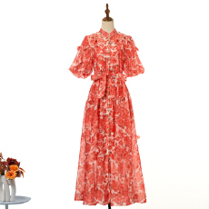 批发实拍新品<b class='q'>宫廷</b>风走秀设计重工立体花朵泡泡袖<b class='q'>连衣裙</b>+印花吊带6色