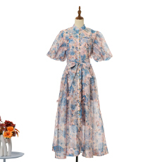 批发实拍新品<b class='q'>宫廷</b>风走秀设计重工立体花朵泡泡袖<b class='q'>连衣裙</b>+印花吊带7色