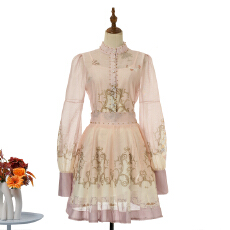 实拍新款翻领长袖拼接复古印花大摆短款套装裙3件套优雅气质短裙