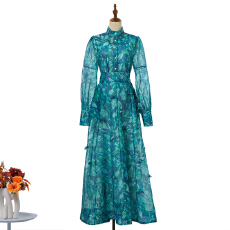 批发实拍复古风印花长袖修身上衣收腰显瘦系带气质半身裙套装4 色