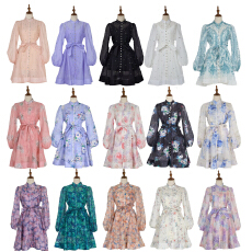 批发实拍新款奢华钉钻英伦风立领灯笼袖纯色天丝麻连衣裙配吊带 15色