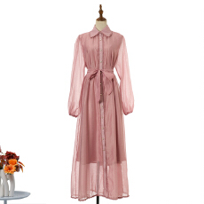 批发实拍街头系列烫钻欧根纱拼接花边宽松腰系带纯色长款<b class='q'>连衣裙</b>6色