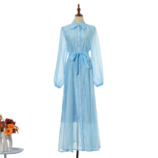 批发实拍街头系列烫钻欧根纱拼接花边宽松腰系带纯色长款<b class='q'>连衣裙</b>6色