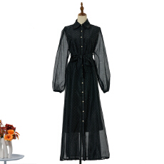 批发实拍街头系列烫钻欧根纱拼接花边宽松腰系带纯色长款<b class='q'>连衣裙</b>6色