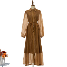 批发实拍街头系列烫钻欧根纱拼接花边宽松腰系带纯色长款<b class='q'>连衣裙</b>6色