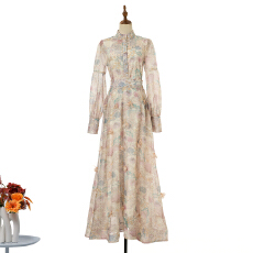 批发实拍复古风印花长袖修身上衣收腰显瘦系带气质半身裙套装5色