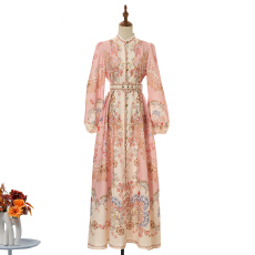 实拍新款休闲复古印花精致单排扣立领A摆连衣裙超长裙+腰带 29色