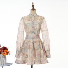 批发实拍复古立领印花修饰领口长袖修身上衣高腰<b class='q'>半身裙</b>套装女8色