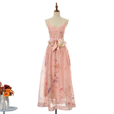 批发实拍新款高定度假新款修身版型高腰蓬蓬吊带印花中长连衣裙3色