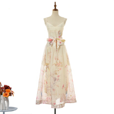 实拍新款高定度假新款修身版型高腰蓬蓬吊带印花中长连衣裙3色