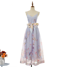 实拍新款高定度假新款修身版型高腰蓬蓬吊带印花中长连衣裙3色