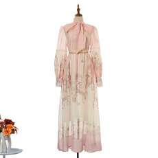 批发实拍新款欧美风宽松版立领灯笼长袖大摆印花长裙优雅连衣长裙4色